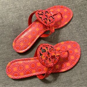 Tory Burch Miller Sandals Flip Flop Orange Coral Pink Octagon Patent Leather
